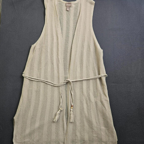 Chico's Women 2 Tan Crochet Sleeveless Cardigan Vest Rope Tie Front - Picture 1 of 12